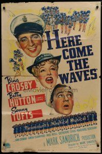 5h418 HERE COME THE WAVES style A 1sh '44 art of Navy sailor Bing Crosby & Betty Hutton singing!