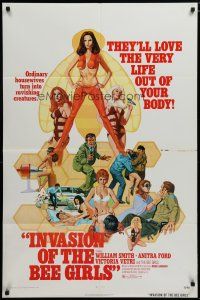 5h463 INVASION OF THE BEE GIRLS 1sh '73 cool artwork of sexy girls in action, wacky sci-fi!