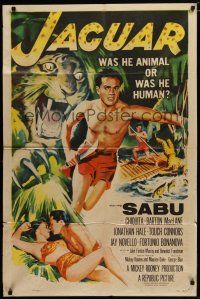 5h470 JAGUAR 1sh '55 Barton MacLane lays with sexy Chiquita, art of Sabu in jungle!