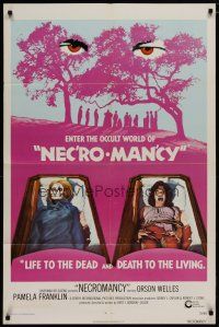 5h615 NECROMANCY 1sh '72 Orson Welles, occult world horror art of girl & skeleton in coffins!