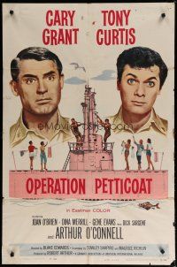5h643 OPERATION PETTICOAT 1sh '59 great artwork of Cary Grant & Tony Curtis on pink submarine!