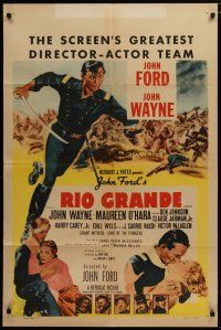 5h745 RIO GRANDE 1sh R56 artwork of John Wayne & Maureen O'Hara, directed by John Ford!