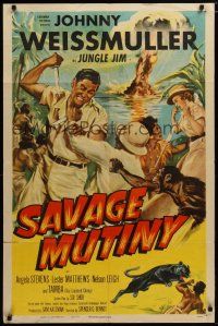 5h778 SAVAGE MUTINY 1sh '53 art of Johnny Weissmuller as Jungle Jim w/pretty Angela Stevens!