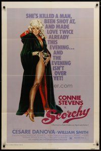 5h783 SCORCHY 1sh '76 full-length art of sexiest barely-dressed Connie Stevens in black cape!
