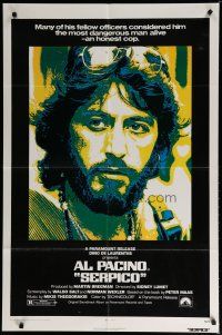 5h788 SERPICO 1sh '74 cool close up image of Al Pacino, Sidney Lumet crime classic!