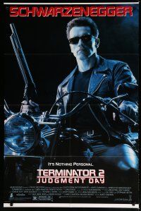 5h877 TERMINATOR 2 1sh '91James Cameron, Arnold Schwarzenegger on motorcycle w/shotgun!