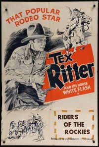 5h879 TEX RITTER STOCK 1sh '40s great art of that popular rodeo star, Riders of the Rockies!