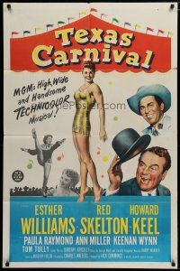 5h881 TEXAS CARNIVAL 1sh '51 Red Skelton, art of sexy Esther Williams in skimpy outfit at fair!