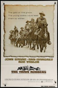 5h913 TRAIN ROBBERS style B 1sh '73 great full-length art of cowboy John Wayne & Ann-Margret!