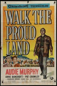 5h949 WALK THE PROUD LAND 1sh '56 art of Audie Murphy & Native American Anne Bancroft!