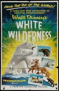 5h966 WHITE WILDERNESS 1sh '58 Disney, cool art of polar bear & arctic animals on top of world!