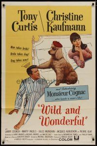 5h969 WILD & WONDERFUL 1sh '64 wacky image of Tony Curtis, Christine Kaufmann, & Monsieur Cognac!