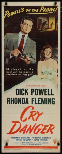 5m521 CRY DANGER insert '51 great film noir art of Dick Powell loading gun + sexy Rhonda Fleming!