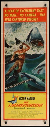 5m746 SHARKFIGHTERS insert '56 Victor Mature, cool artwork of man fighting sharks w/knife!