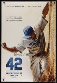 5p014 42 teaser DS 1sh '13 baseball, image of Chadwick Boseman as Jackie Robinson sliding home!