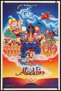 5p029 ALADDIN DS 1sh '92 classic Walt Disney Arabian fantasy cartoon, great art of cast!