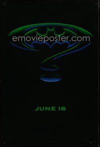 5p083 BATMAN FOREVER teaser 1sh '95 Kilmer, Kidman, cool question mark & cowl design!