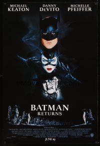 5p084 BATMAN RETURNS advance 1sh '92 collage of Michael Keaton, Danny DeVito, Michelle Pfeiffer!
