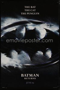 5p085 BATMAN RETURNS teaser 1sh '92 cool image of batman's cowl, The Bat, The Cat & The Penguin!