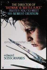 5p267 EDWARD SCISSORHANDS 1sh '90 Tim Burton classic, best close up of scarred Johnny Depp!