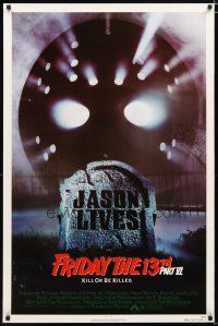 5p303 FRIDAY THE 13th PART VI 1sh '86 Jason Lives, cool image of hockey mask & tombstone!