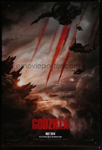 5p333 GODZILLA teaser DS 1sh '14 image of soldiers dropping over monster!