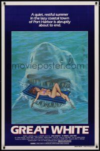 5p352 GREAT WHITE style A 1sh '82 great artwork of huge shark attacking girl in bikini on raft!
