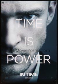 5p396 IN TIME style B teaser DS 1sh '11 super close-up of Justin Timberlake, cool sci-fi, Time Out!