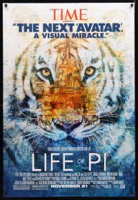 5p465 LIFE OF PI style B advance DS 1sh '12 Suraj Sharma, Irrfan Khan, cool collage image of tiger!