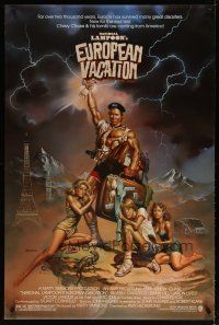 5p558 NATIONAL LAMPOON'S EUROPEAN VACATION 1sh '85 Vallejo art of Chevy Chase, Beverly D'Angelo!