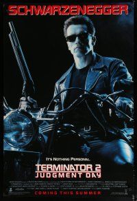 5p753 TERMINATOR 2 advance DS 1sh '91 James Cameron, Arnold Schwarzenegger on motorcycle w/shotgun!