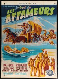 5s766 BEND OF THE RIVER B French 1p '52 different art of wagon in water, directed by Anthony Mann!