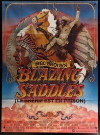 5s778 BLAZING SADDLES French 1p '74 classic Mel Brooks western, art of Cleavon Little on horse!