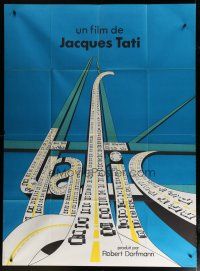 5s981 TRAFFIC French 1p '73 Jacques Tati as Mr. Hulot, cool different title treatment art!
