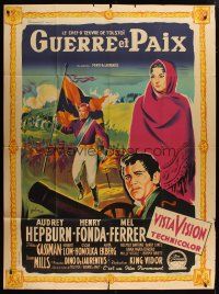 5s989 WAR & PEACE style B French 1p '56 different Grinsson art of Audrey Hepburn, Fonda & Ferrer!