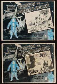 5s464 EARTH VS. THE FLYING SAUCERS 2 Mexican LCs R70s sci-fi classic, cool art of UFOs & aliens!
