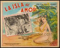 5s649 VOYAGE A TROIS Mexican LC '50 great border art of sexy naked tropical beauty on island!