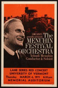 5s429 YEHUDI MENUHIN 11x17 music poster '71 The Menuhin Festival Orchestra at UVM!