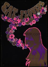 5x716 EAT FLOWERS Dutch commercial poster '60s psychedelic art of pretty woman & flowers!