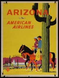 5x023 AMERICAN AIRLINES ARIZONA travel poster '50s Ludekens art of cowpokes & saguaro cactus!