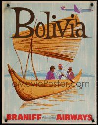 5x075 BRANIFF INTERNATIONAL AIRWAYS BOLIVIA travel poster '50s artwork of natives on reed boat!