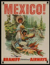 5x077 BRANIFF INTERNATIONAL AIRWAYS MEXICO travel poster '60s Nic art of children in flowerboat!