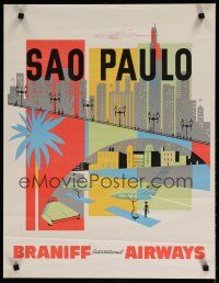 5x079 BRANIFF INTERNATIONAL AIRWAYS SAO PAULO travel poster '60s coloful artwork of Brazilian city