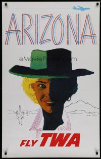 5x029 TWA ARIZONA travel poster '60s cool cowgirl & airplane artwork by Austin Briggs!