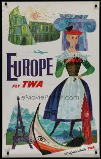 5x032 TWA EUROPE travel poster 1960s David Klein artwork of European attractions!