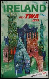 5x038 TWA IRELAND travel poster '60s David Klein artwork of Irish castles & churches!
