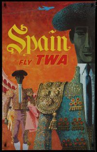 5x043 TWA SPAIN travel poster '60s David Klein art of matadors in ring!