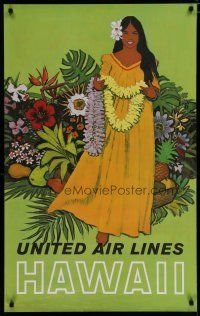 5x049 UNITED AIRLINES HAWAII travel poster '60s Stan Galli art of pretty woman in dress & lei!