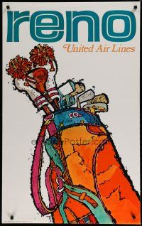 5x054 UNITED AIRLINES RENO travel poster '69 Jebray artwork of golf bag & clubs!