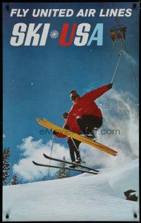 5x057 UNITED AIRLINES SKI USA travel poster '60s wonderful image of skiers in mid-jump!